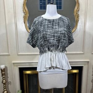 J. Roberts Women’s Top L Tweed Knit Fringe Hem Layered Look Black White